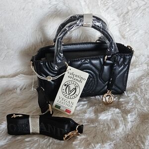 Valentino Orlandi  Black Quilted Vegan Leather Mini Tote With Crossbody Strap